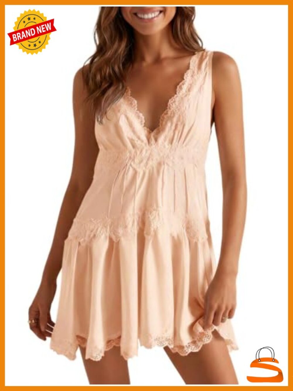 Womens Satin Lace Mini Dress V Neck A Line Sleeveless Babydoll Summer